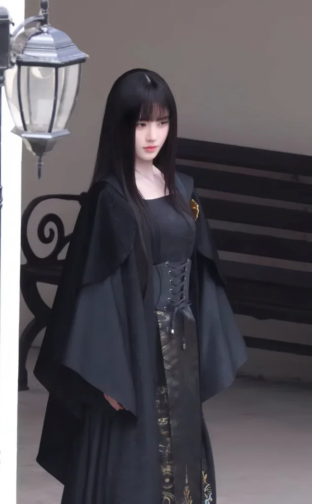 Ju Jingyi as Su Luxia in a black corset costume on the set of Wan Hua Sin.