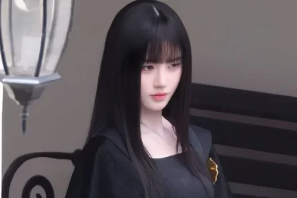 Ju Jingyi as Su Luxia in a black corset costume on the set of Wan Hua Sin.