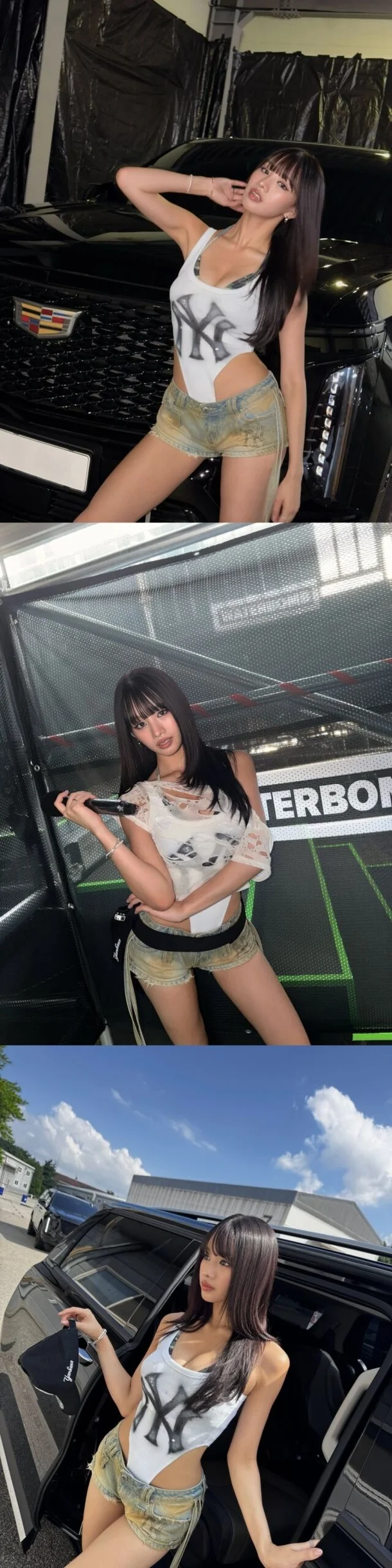 KISS OF LIFE Natty wearing bodysuit and denim shorts backstage at Waterbomb 2026