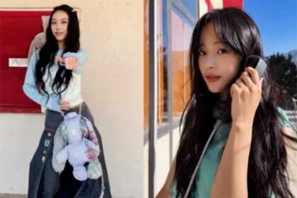NewJeans members Minji Hanni Haerin Hyein posing together for 4th anniversary updates