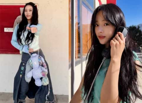 NewJeans members Minji Hanni Haerin Hyein posing together for 4th anniversary updates