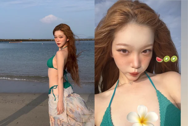 Billlie Tsuki wearing an emerald bikini and long skirt on Awaji Island beach