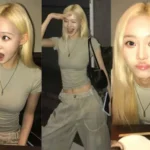 aespa Winter posing in a khaki crop top and wide cargo pants showing her toned abs