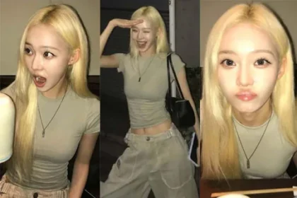 aespa Winter posing in a khaki crop top and wide cargo pants showing her toned abs