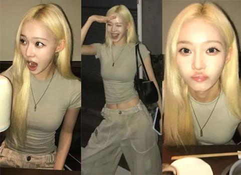 aespa Winter posing in a khaki crop top and wide cargo pants showing her toned abs