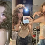 Sunmi wearing a champagne gold sequined corset top with a bright golden brown hippie perm hair on a music video set