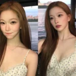Billie Tsuki wearing a blue floral pattern slip dress next to the Han River sunset