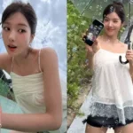 Kwon Eunbi smiling under a clear umbrella in a white slip top and black shorts