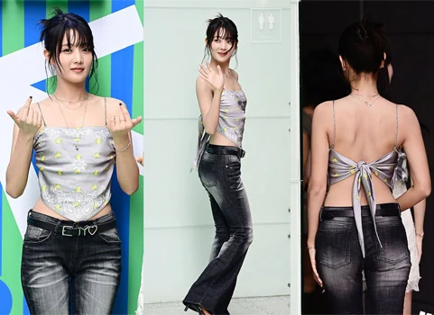 i-dle Minnie wearing a vintage scarf top and black bootcut denim pants