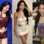 MAMAMOO Solar wearing a burgundy leather halter neck top and hot shorts backstage