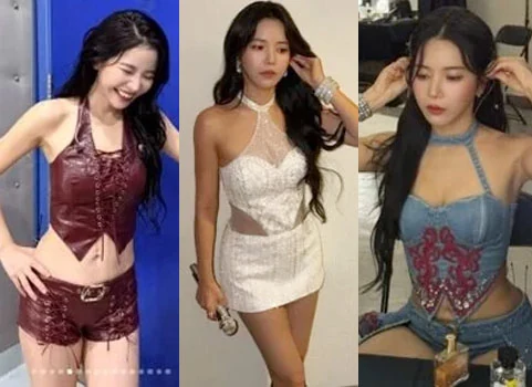 MAMAMOO Solar wearing a burgundy leather halter neck top and hot shorts backstage