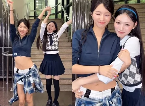 RESCENE Minami and GIDLE Jeon Soyeon smiling during a dance challenge collaboration