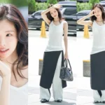 Actress Son Naeun wearing a white sleeveless top and a black long skirt with a slit