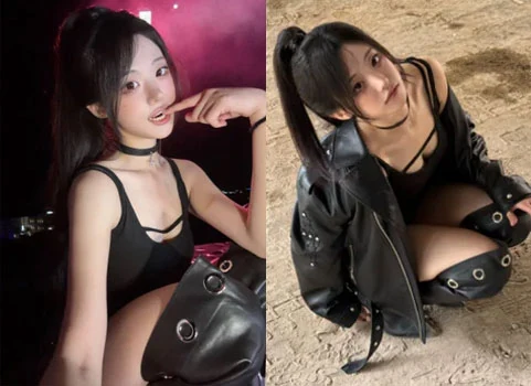 QWER Hina with a high ponytail and black choker smiling