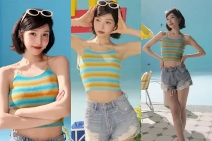 Red Velvet Joy wearing a white sleeveless crop top and denim shorts