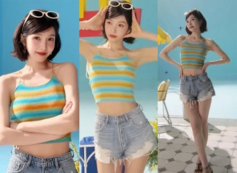 Red Velvet Joy wearing a white sleeveless crop top and denim shorts