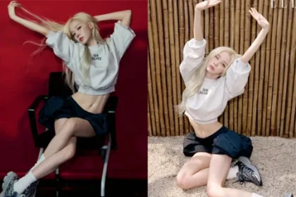 aespa Winter blonde hair cropped sweatshirt New Balance photoshoot