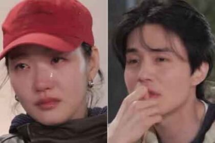 Gong Yoo and Kim Go Eun smiling together during tvN's Goblin 10th anniversary special reunion episode.