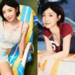 BBGIRLS member Yuna posing in a blue and red sporty rash guard for the BODY WAVE single concept photo.