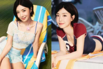 BBGIRLS member Yuna posing in a blue and red sporty rash guard for the BODY WAVE single concept photo.