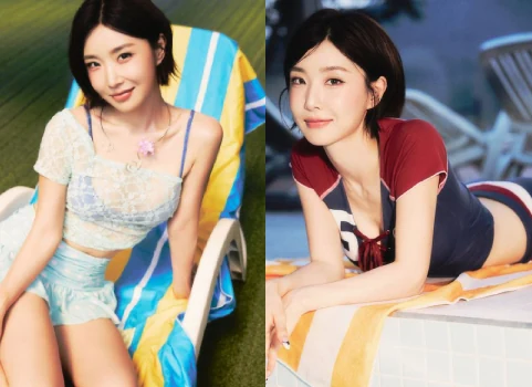 BBGIRLS member Yuna posing in a blue and red sporty rash guard for the BODY WAVE single concept photo.