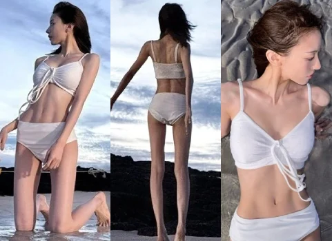 Sheon from the K-pop group Billlie posing for a photo in a white swimsuit on a sunny Jeju beach, with a clear blue sea background.