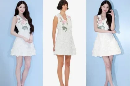 IVE's Jang Wonyoung in white embroidered lace mini dress by Leo Lin at Dr Althea event