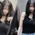 aespa Karina bare-faced visuals at Singapore Changi Airport wearing a black tank top