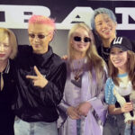 BIGBANG members G-Dragon, Taeyang, Daesung with 2NE1 members CL, Sandara Park, Gong Minzy backstage reunion photo