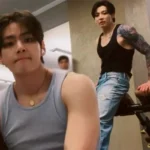 BTS V and Jungkook showing off their broad shoulders and workout physiques in sleeveless tops at the gym