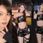 LE SSERAFIM member Kim Chaewon posing in a black leather warrior crop top outfit
