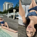 Apink member Oh Hayoung relaxing by the pool in a blue paisley tube top bikini