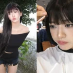 An Yujin wearing a black off-the-shoulder top and denim shorts outdoor photoshoot