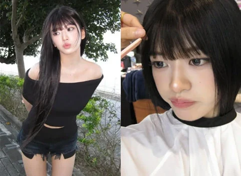 An Yujin wearing a black off-the-shoulder top and denim shorts outdoor photoshoot
