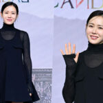 Son Ye-jin wearing a black flared mini dress at the press conference for Netflix series The Scandal