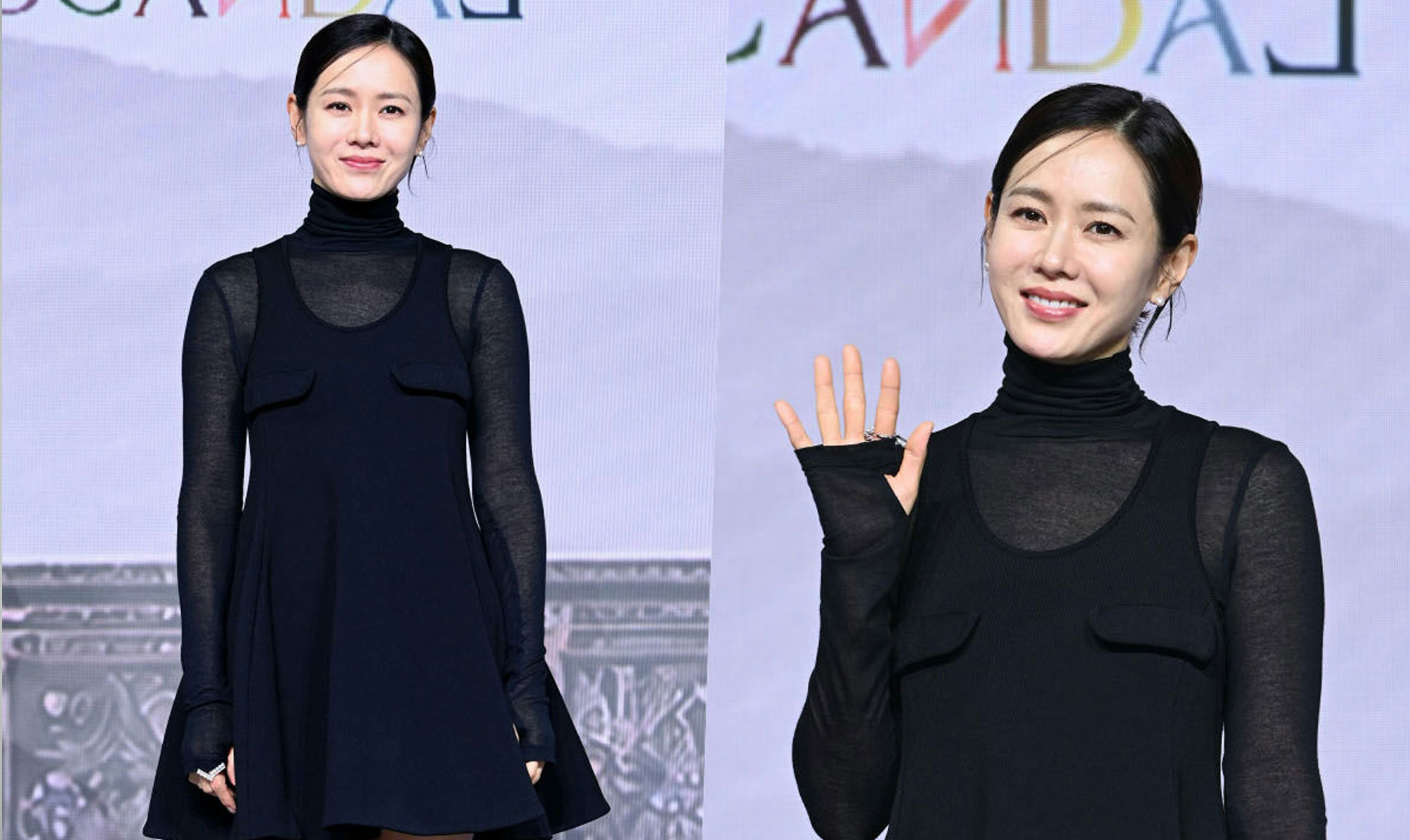 Son Ye-jin wearing a black flared mini dress at the press conference for Netflix series The Scandal
