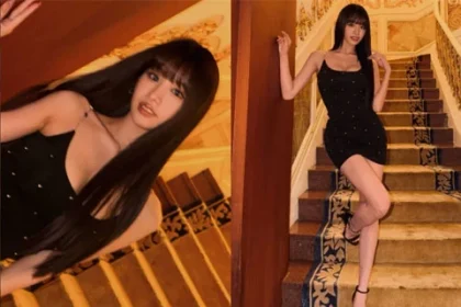 KISS OF LIFE Natty posing in a black mini dress on palace stairs