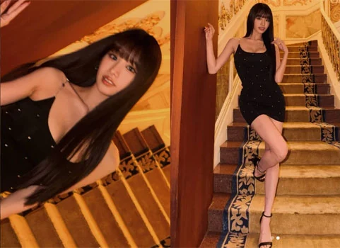 KISS OF LIFE Natty posing in a black mini dress on palace stairs