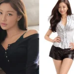 TWICE Jihyo wearing black underwear and a navy off-the-shoulder knit top