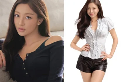 TWICE Jihyo wearing black underwear and a navy off-the-shoulder knit top