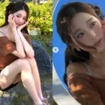 IVE Jang Wonyoung posing in a brown off-the-shoulder knit, black miniskirt, and beige UGG boots