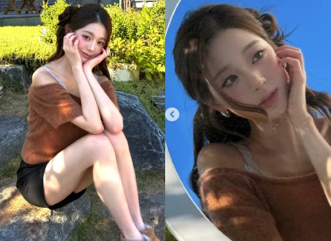 IVE Jang Wonyoung posing in a brown off-the-shoulder knit, black miniskirt, and beige UGG boots