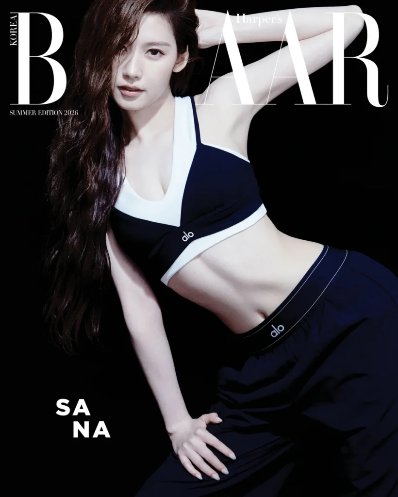 TWICE's Sana Flaunts Toned Abs in New Athleisure Pictorial twice sana harpers bazaar korea x alo summer edition 2026 v0 0sgijnbi9lbh1
