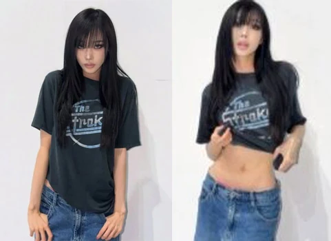 aespa Giselle rolling up a gray t shirt to show clear abs and toned waist for a sportswear photoshoot