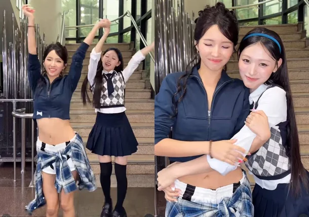 RESCENE's Minami Reunites with Former Mentor Jeon Soyeon, Fulfilling a 5-Year Promise: "A Deeply Touching Full-Circle Moment" RESCENE Minami and GIDLE Jeon Soyeon smiling during a dance challenge collaboration 1