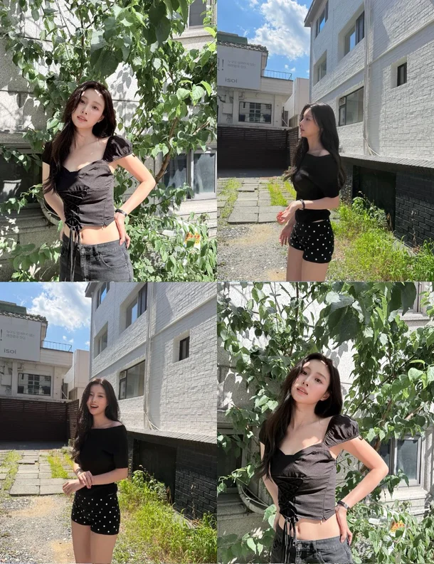 Kang Hyewon Stuns in All-Black Midsummer Fashion, Flaunting a Slim Waist in a Chic Crop Top kang hyewon all black summer fashion crop top 2