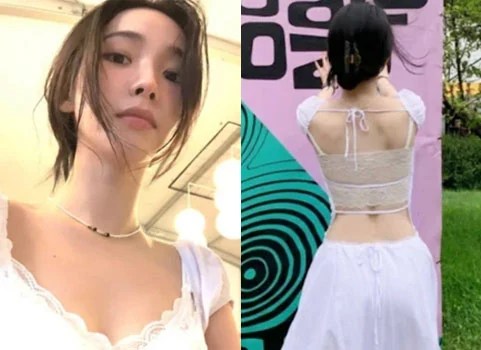 aespa Karina wearing a backless white dress while enjoying a music festival