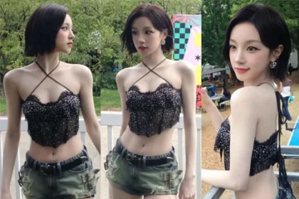 (i-dle) Yuqi performing in a black halter-top bustier at Lollapalooza Chicago