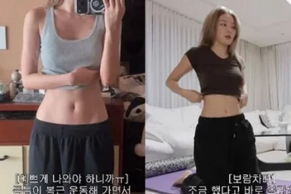 Red Velvet Seulgi displaying her 45.3kg weight on a scale and revealing her toned abs during her Hi Seulgi vlog
