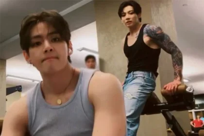 BTS V and Jungkook showing off their broad shoulders and workout physiques in sleeveless tops at the gym